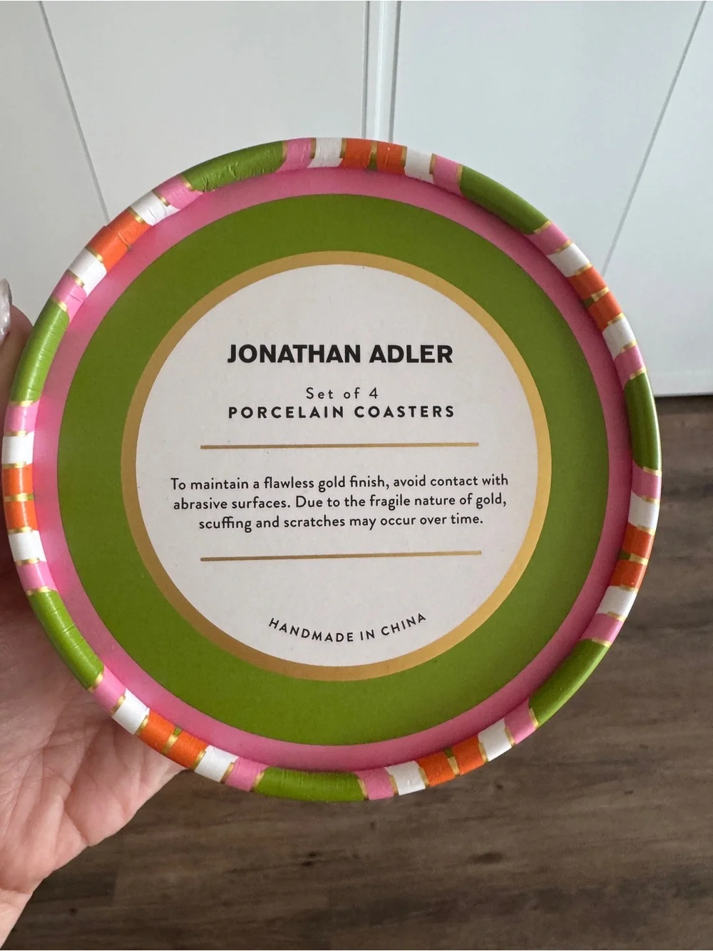 Jonathan Adler Porcelain Coaster Set — Pink, Green & Gold Accent